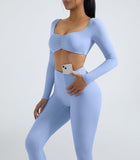 OMKAGI 2 Piece Workout Sets for Women Long Sleeve Padded Sports Bra High Waisted Gym Outfits with Pocket