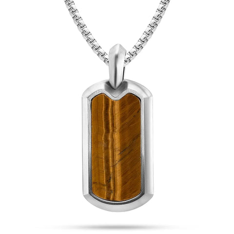 RTZN® Tiger Eye Necklace for Men – Premium Artisan Dog Tag Mens Tiger Eye Necklace Pendant with Stainless Steel Box Chain 22" Inch + 2" Extension