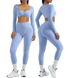 OMKAGI 2 Piece Workout Sets for Women Long Sleeve Padded Sports Bra High Waisted Gym Outfits with Pocket