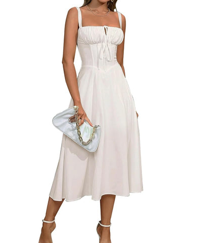 Floral Midi Corset Dress Wedding Guest Flowy Slit Lace Up Dresses for Women Tea Party A Line Casual Sundress