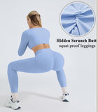 OMKAGI 2 Piece Workout Sets for Women Long Sleeve Padded Sports Bra High Waisted Gym Outfits with Pocket