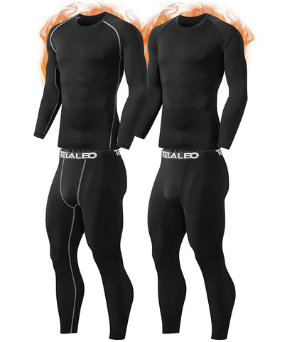 TELALEO 2 Set Mens Thermal Underwear Fleece Lined Long Johns 4 Pcs Base Layer Shirts Pant for Cold Winter Weather