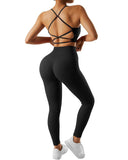 RXRXCOCO Ribbed Workout Sets for Women 2 Piece Backless Strappy Sports Bra Seamless Leggings Matching Set Yoga Outfits
