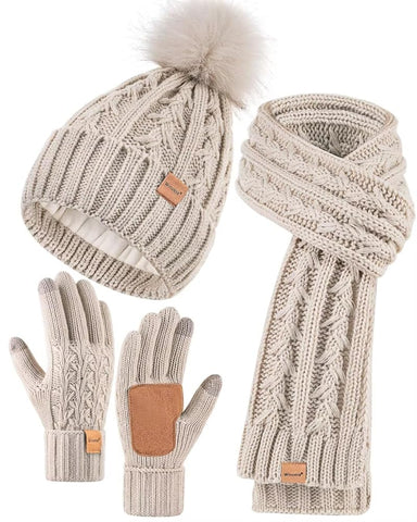 Womens Beanie Hat Scarf Gloves Set, Fleece Lined Winter Hat with Pom Pom, Long Knit Scarf Touchscreen Gloves for Cold Weather