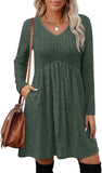 OFEEFAN Long Sleeve Sweater Dress Fall Dresses 2025 V Neck Empire Waist Baby Doll Dresses Women Casual Dress with Pockets