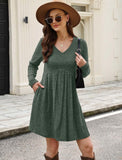 OFEEFAN Long Sleeve Sweater Dress Fall Dresses 2025 V Neck Empire Waist Baby Doll Dresses Women Casual Dress with Pockets