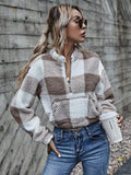 Drop Shoulder Kangaroo Pocket Buffalo Plaid Teddy Pullover