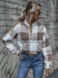 Drop Shoulder Kangaroo Pocket Buffalo Plaid Teddy Pullover