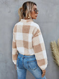 Drop Shoulder Kangaroo Pocket Buffalo Plaid Teddy Pullover