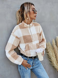 Drop Shoulder Kangaroo Pocket Buffalo Plaid Teddy Pullover