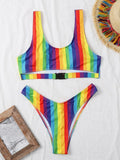 Rainbow Stripe Cut-out Bikini Swimsuit