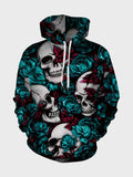 Men Rose & Skull Print Kangaroo Pocket Drawstring Hoodie