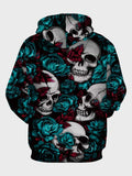 Men Rose & Skull Print Kangaroo Pocket Drawstring Hoodie