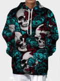 Men Rose & Skull Print Kangaroo Pocket Drawstring Hoodie