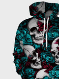 Men Rose & Skull Print Kangaroo Pocket Drawstring Hoodie