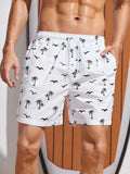 Men Coconut Tree & Bird Print Drawstring Waist Swim Trunks