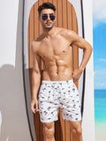 Men Coconut Tree & Bird Print Drawstring Waist Swim Trunks