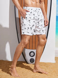 Men Coconut Tree & Bird Print Drawstring Waist Swim Trunks