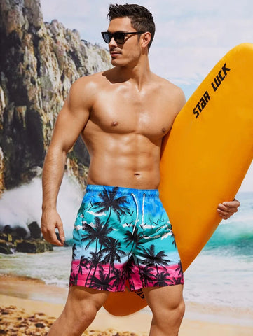 Mens Coconut Tree Print Drawstring Waist Swim Trunks