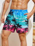 Mens Coconut Tree Print Drawstring Waist Swim Trunks