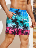 Mens Coconut Tree Print Drawstring Waist Swim Trunks