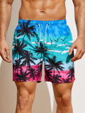 Mens Coconut Tree Print Drawstring Waist Swim Trunks