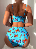 Butterfly Print Ring Linked Push Up Bikini Swimsuit