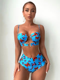 Butterfly Print Ring Linked Push Up Bikini Swimsuit