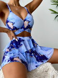 3pc Marble Print Wrap Tie Back Layered Hem Bikini Swimsuit