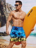 Mens Coconut Tree Print Drawstring Waist Swim Trunks