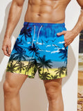 Mens Coconut Tree Print Drawstring Waist Swim Trunks