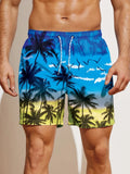 Mens Coconut Tree Print Drawstring Waist Swim Trunks