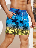 Mens Coconut Tree Print Drawstring Waist Swim Trunks