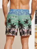 Mens Coconut Tree Print Drawstring Waist Swim Trunks