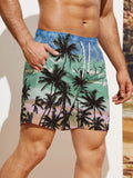 Mens Coconut Tree Print Drawstring Waist Swim Trunks