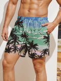 Mens Coconut Tree Print Drawstring Waist Swim Trunks