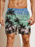 Mens Coconut Tree Print Drawstring Waist Swim Trunks