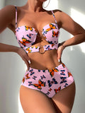 Butterfly Print Ring Linked Push Up Bikini Swimsuit