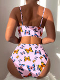 Butterfly Print Ring Linked Push Up Bikini Swimsuit