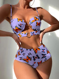 Butterfly Print Ring Linked Push Up Bikini Swimsuit