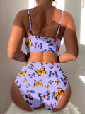 Butterfly Print Ring Linked Push Up Bikini Swimsuit