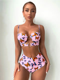 Butterfly Print Ring Linked Push Up Bikini Swimsuit