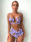 Butterfly Print Ring Linked Push Up Bikini Swimsuit