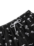 Men Coconut Tree & Bird Print Drawstring Waist Swim Trunks