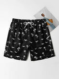 Men Coconut Tree & Bird Print Drawstring Waist Swim Trunks