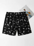 Men Coconut Tree & Bird Print Drawstring Waist Swim Trunks