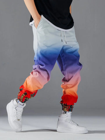 Men Building Print Ombre Drawstring Waist Pants