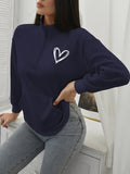 Heart Print Kangaroo Pocket Drop Shoulder Half Zip Hoodie