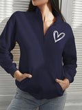 Heart Print Kangaroo Pocket Drop Shoulder Half Zip Hoodie