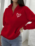 Heart Print Kangaroo Pocket Drop Shoulder Half Zip Hoodie